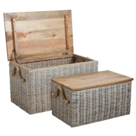 Malle en rotin et couvercle bois 
