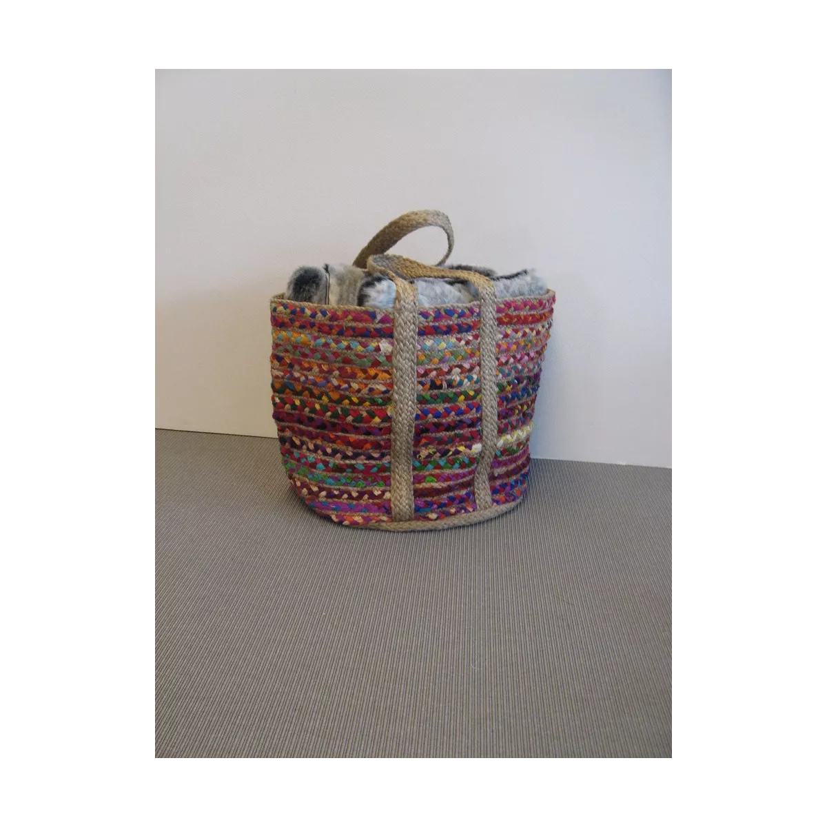 Corbeille en jute et coton multicolore 43x37