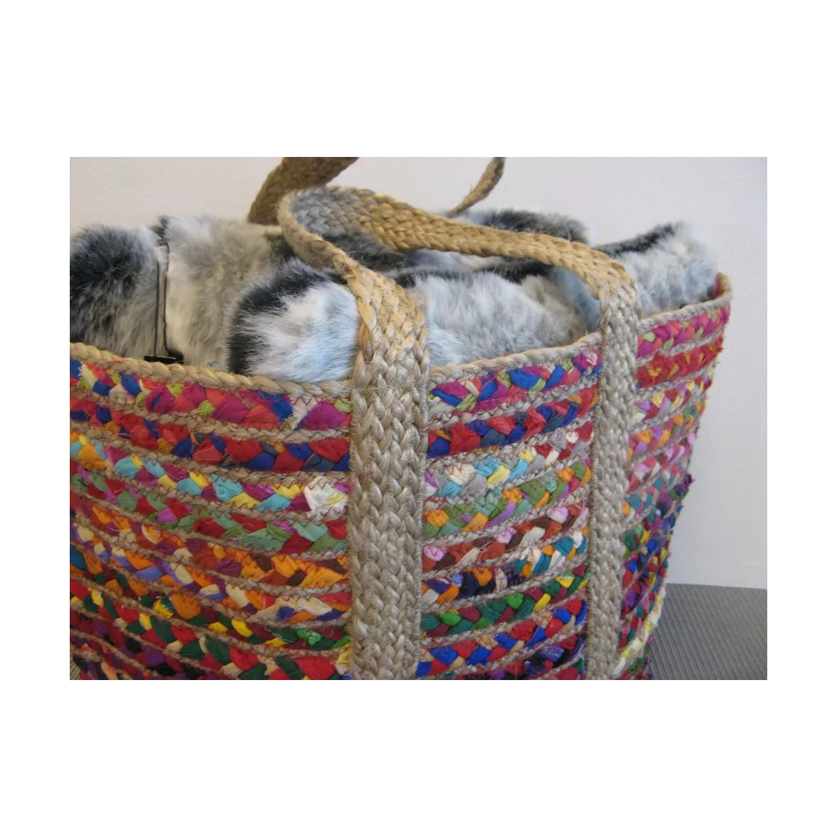 Corbeille en jute et coton multicolore 43x37