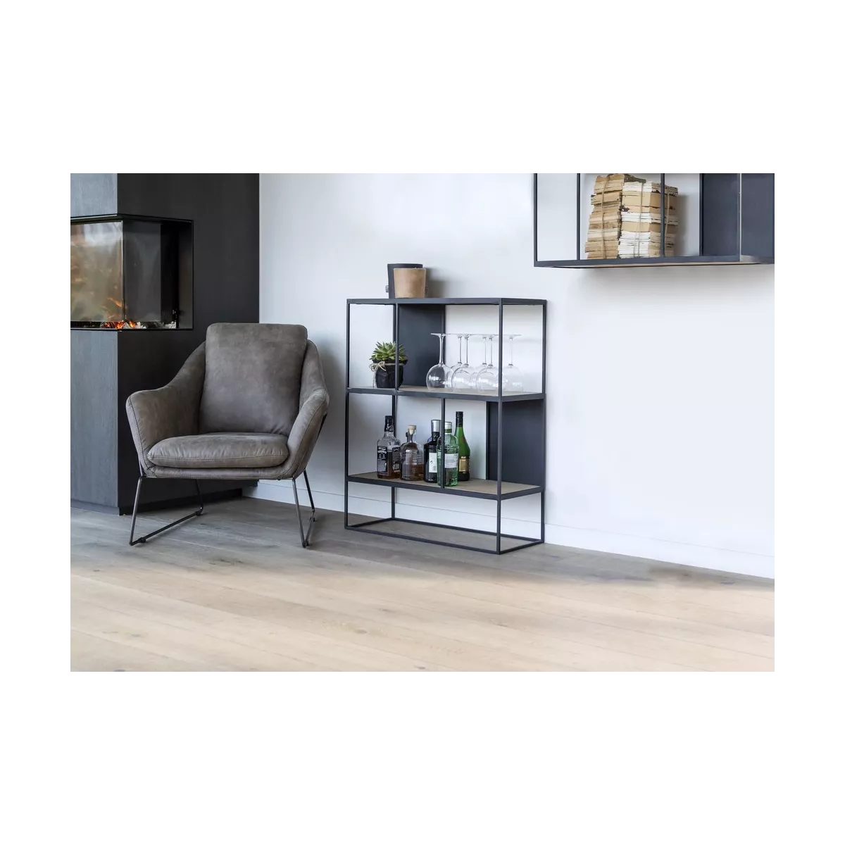 Etagère Rubic 76x92 en Métal noir et Chêne Naturel Avec Pieds