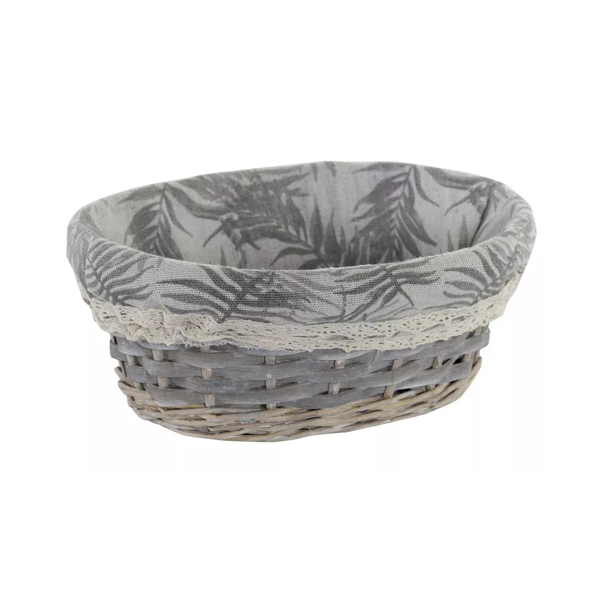 Corbeille ovale en osier gris avec tissus feuillage