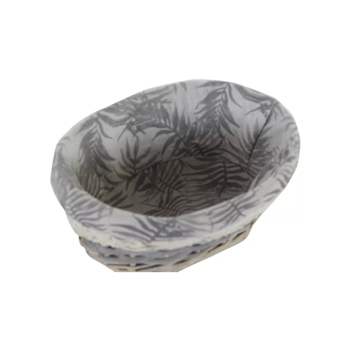Corbeille ovale en osier gris avec tissus feuillage