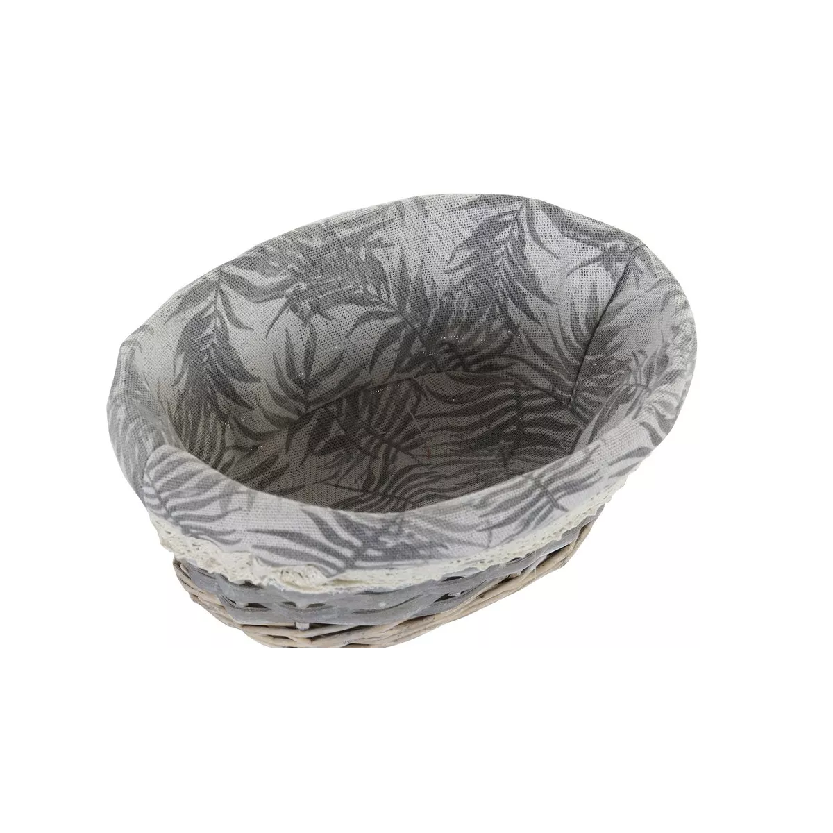 Corbeille ovale en osier gris avec tissus feuillage