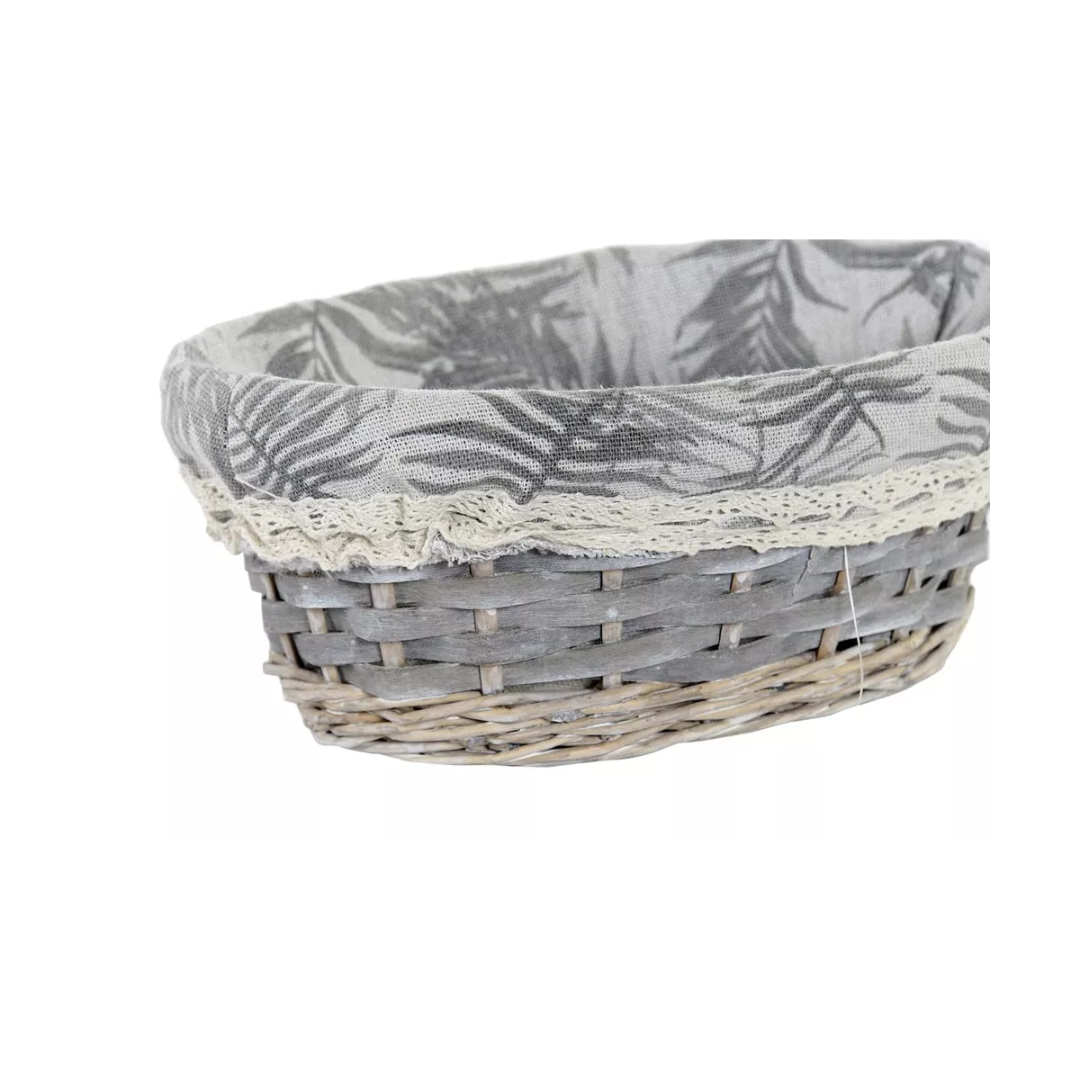 Corbeille ovale en osier gris avec tissus feuillage