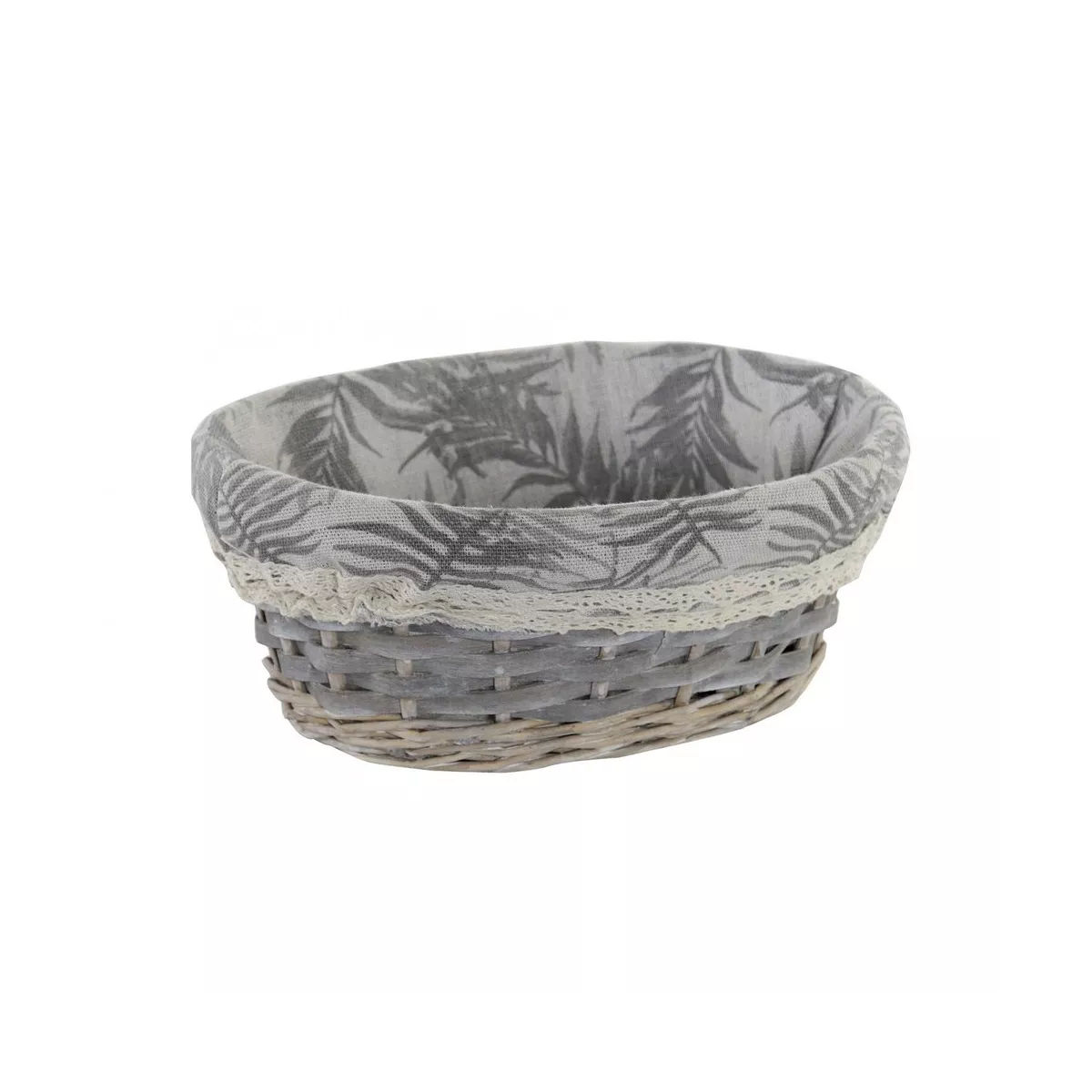 Corbeille ovale en osier gris avec tissus feuillage