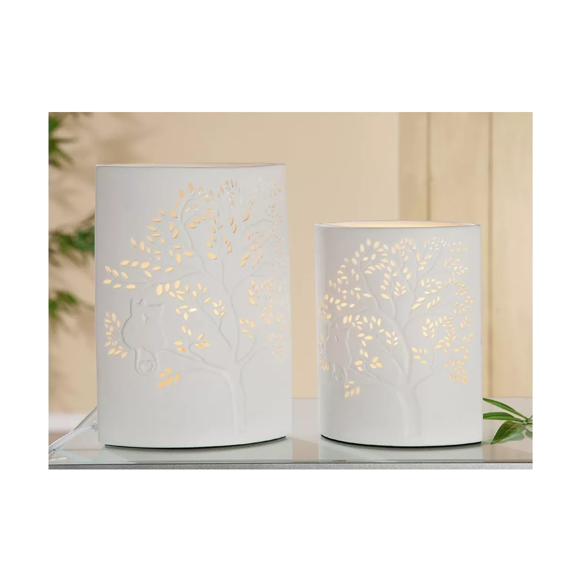 Lampe Porcelaine Arbre avec Chat Blanc