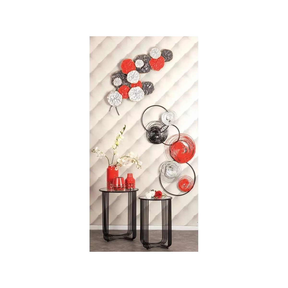 Déco Murale Métal Disques effet Corolles Rouge et Gris