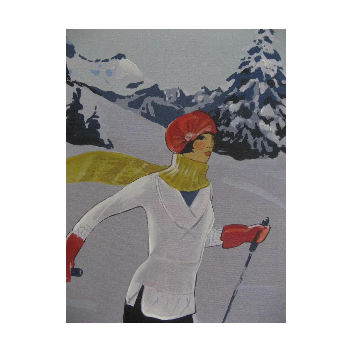 Tableau Skieuse à l'écharpe jaune