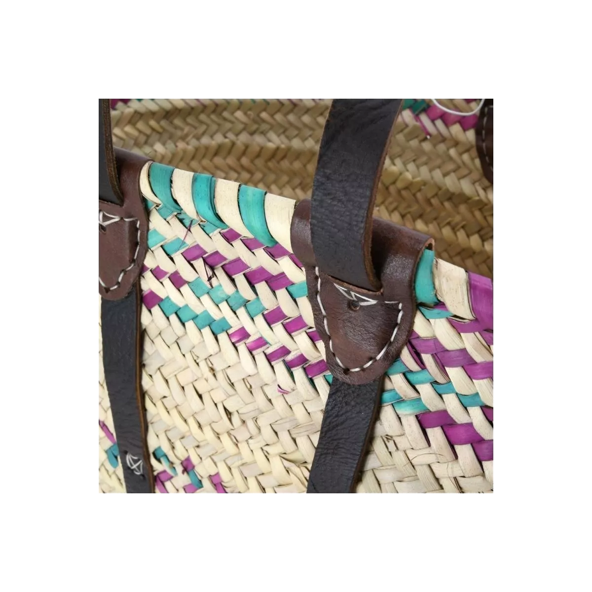 Cabas en palmier coloré avec anses en cuir