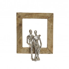 Sculpture murale Couple en aluminuim dans un cadre en Manguier 22x30