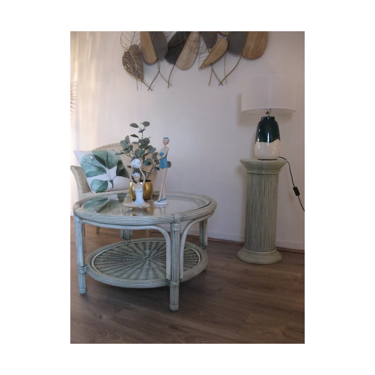 Table Basse en Rotin 77x77 Vert Essuyé