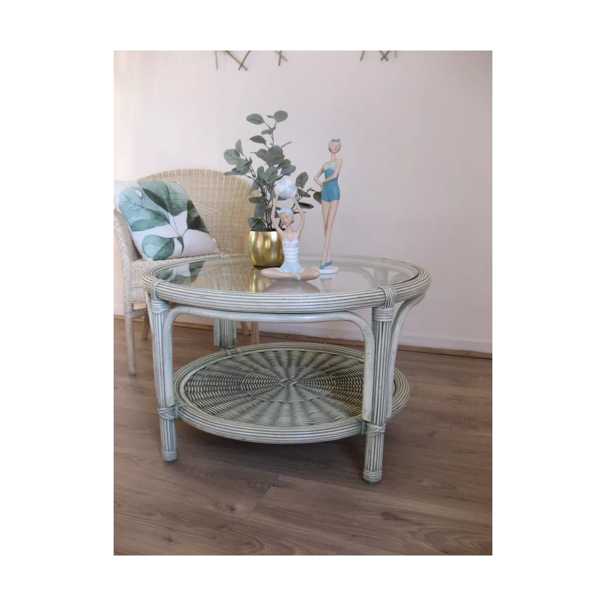 Table Basse en Rotin 77x77 Vert Essuyé