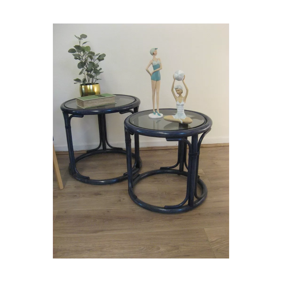 Tables Gigognes Ronde en Rotin Bleu