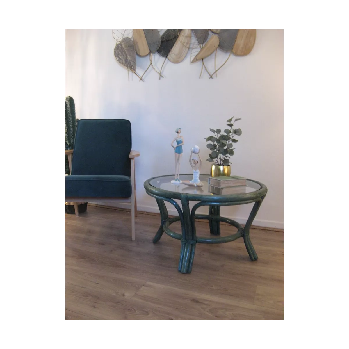 Table Basse en Rotin 77x77 Crueso Bleu