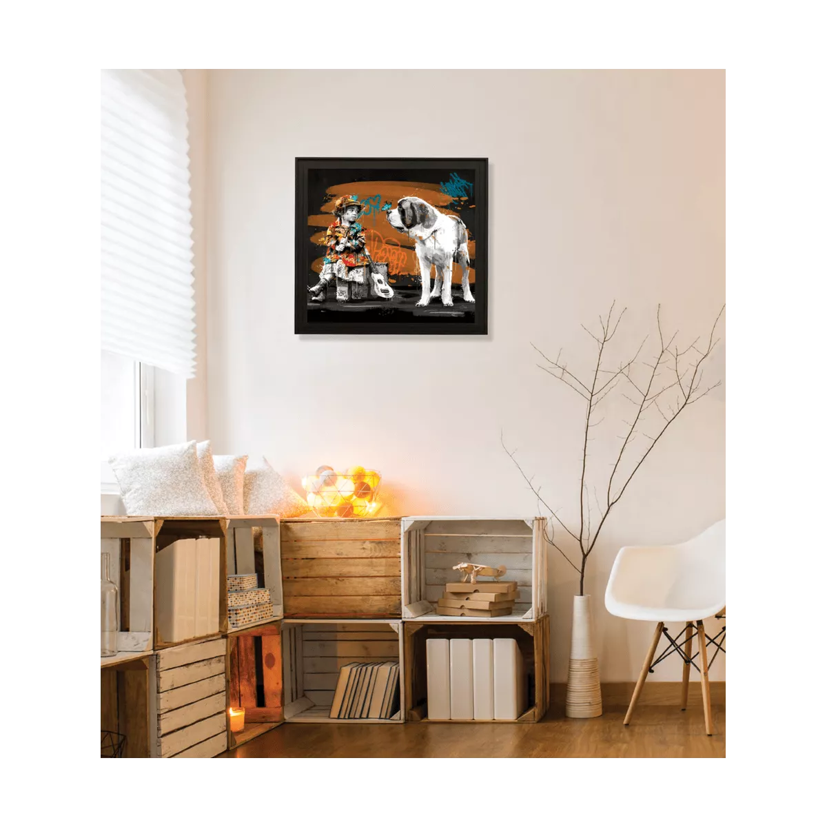 Tableau Romaric, La fille, le chien et le ballon 93x93