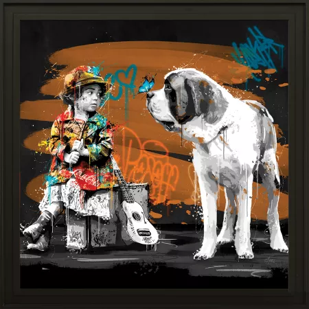 Tableau Romaric, La fille, le chien et le ballon 93x93
