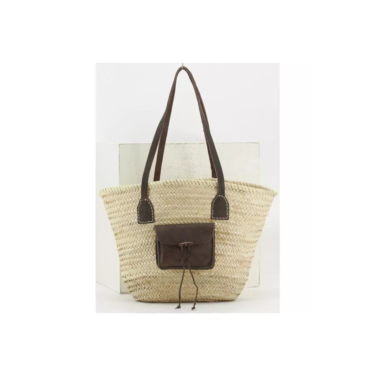 Cabas en palmier avec anses et Poche en cuir
