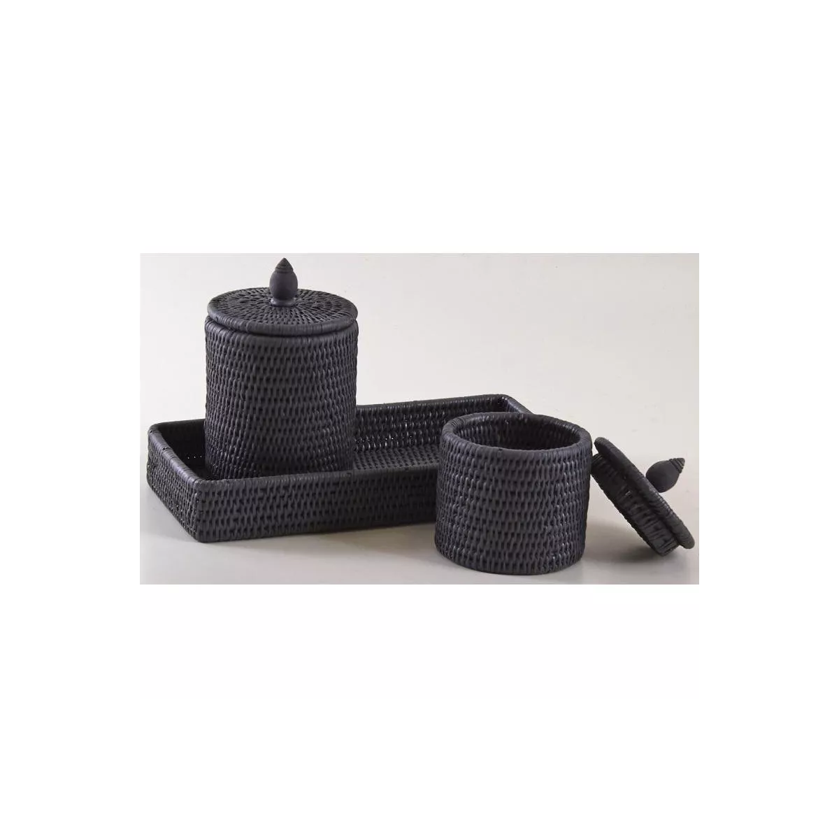 Set 1 plateau + 2 pots en rotin noir