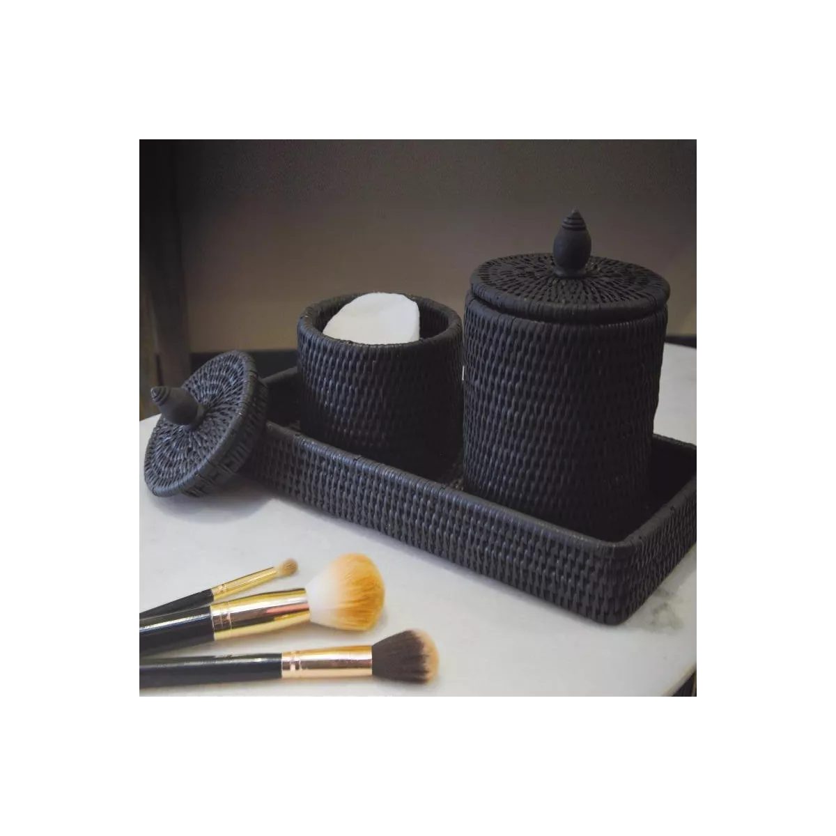 Set 1 plateau + 2 pots en rotin noir