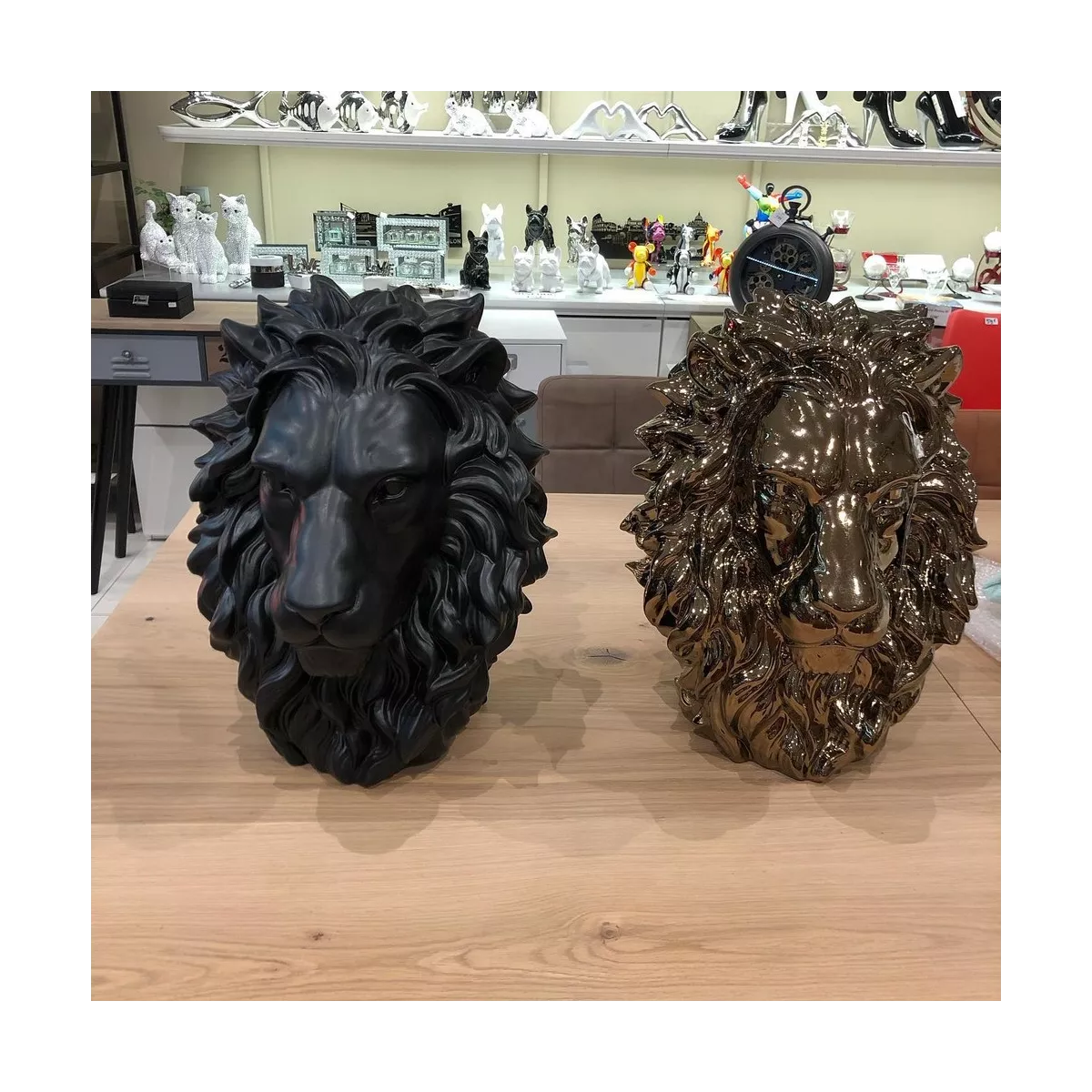 Sculpture Tête de Lion Noir H.44cm