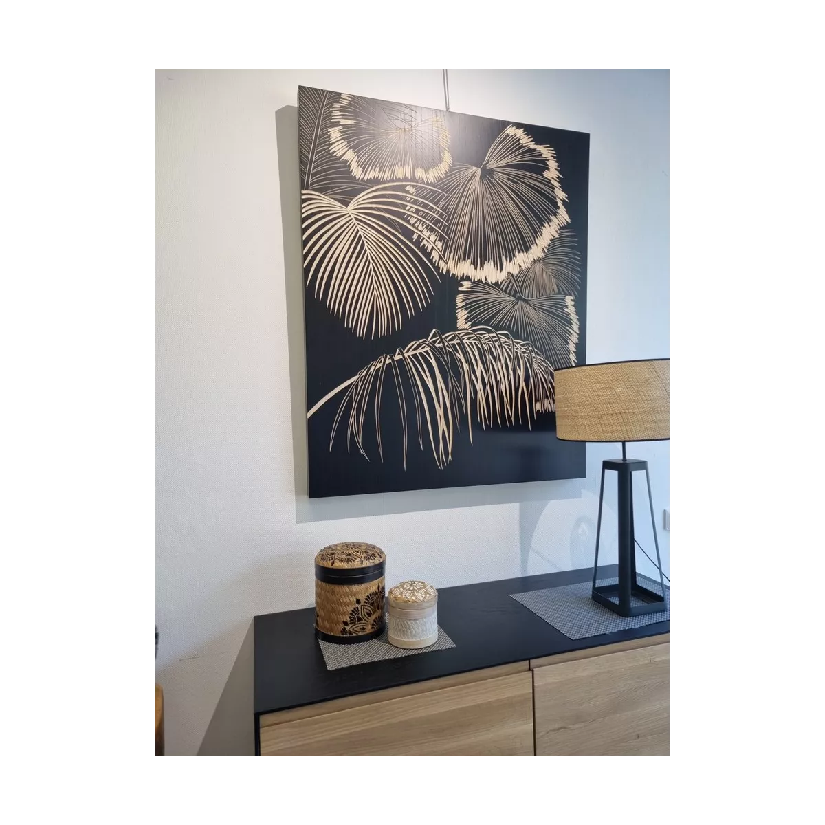 Tableau en Bois Sculpté Palmier Noir 90 x 110
