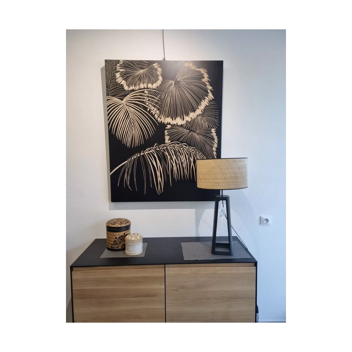 Tableau en Bois Sculpté Palmier Noir 90 x 110
