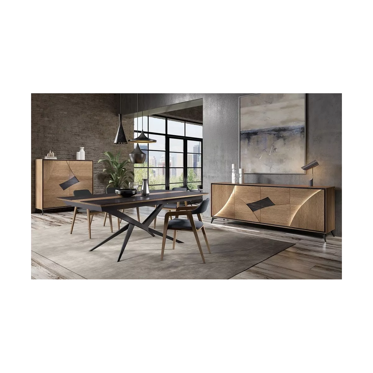 Bahut Circle 4 Portes en Chêne avec Led 225cm