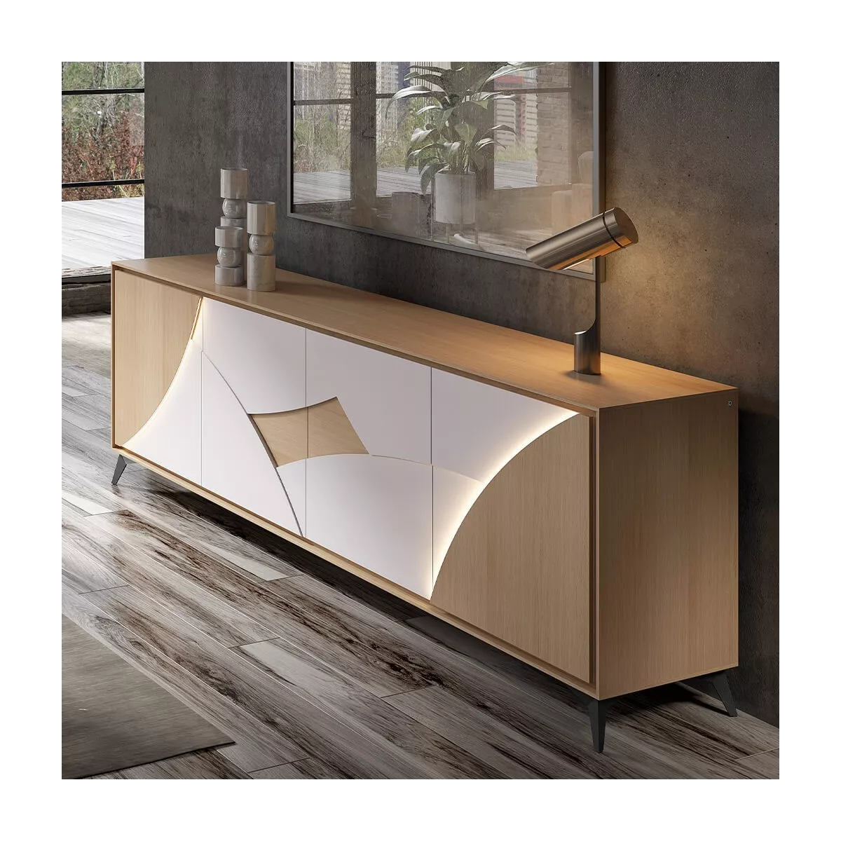 Bahut Circle 4 Portes en laque/Chêne avec Led 225cm