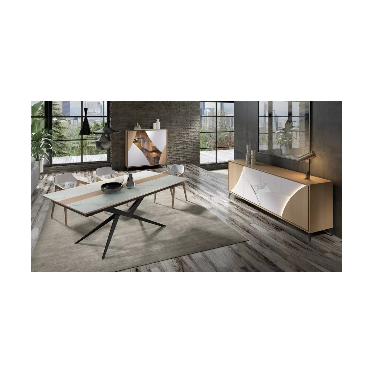 Bahut Circle 4 Portes en laque/Chêne avec Led 225cm