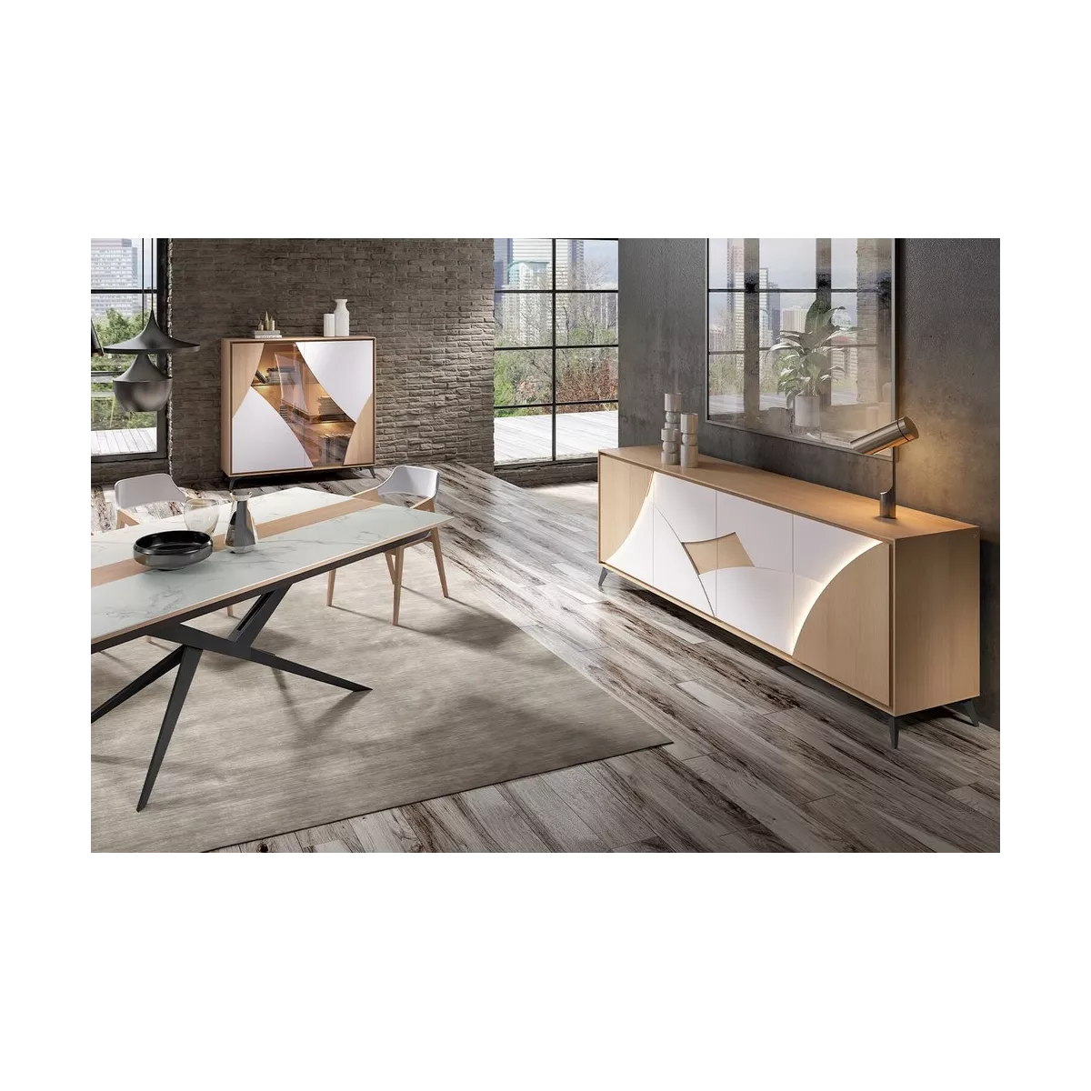 Bahut Circle 4 Portes en laque/Chêne avec Led 225cm