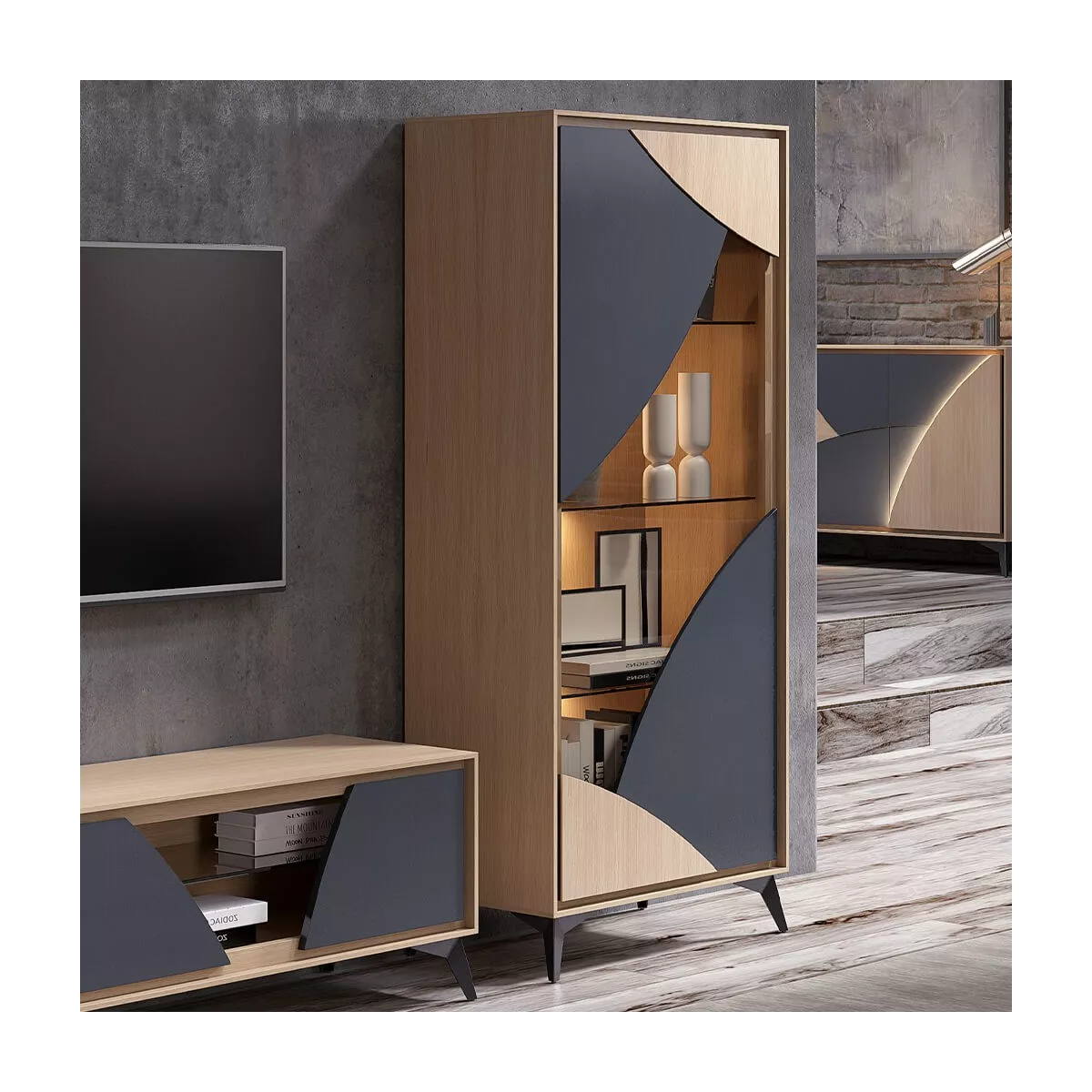 Meuble TV Circle laque/Chêne 185 cm