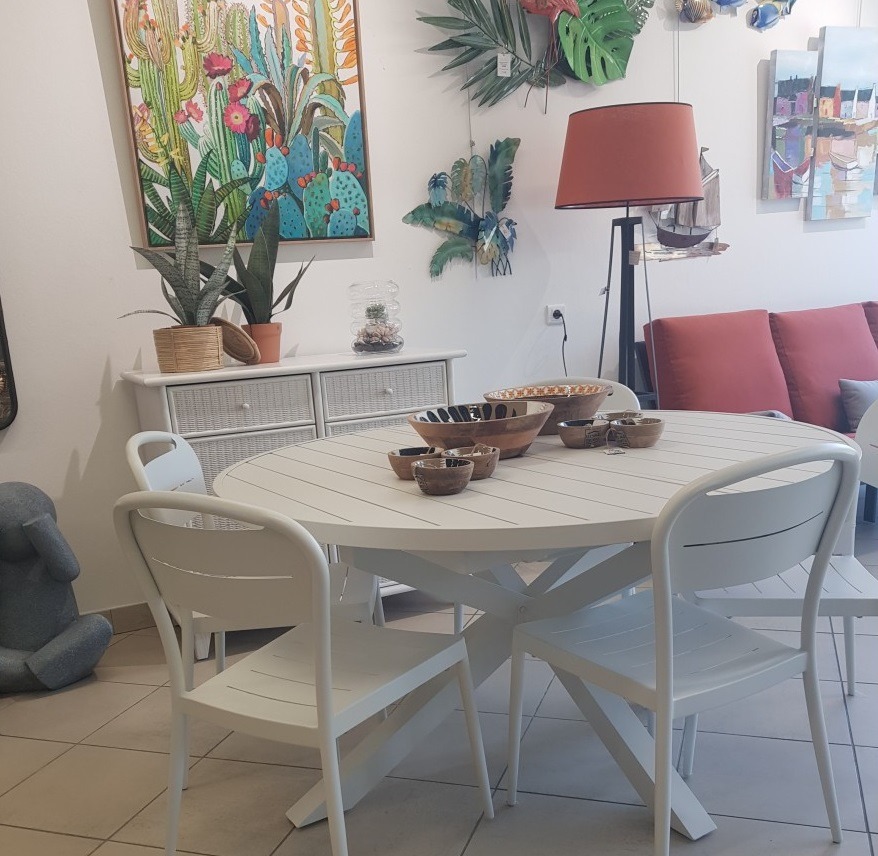 Nouveauté : Table diam 145 cm avec allonge aluminium blanc